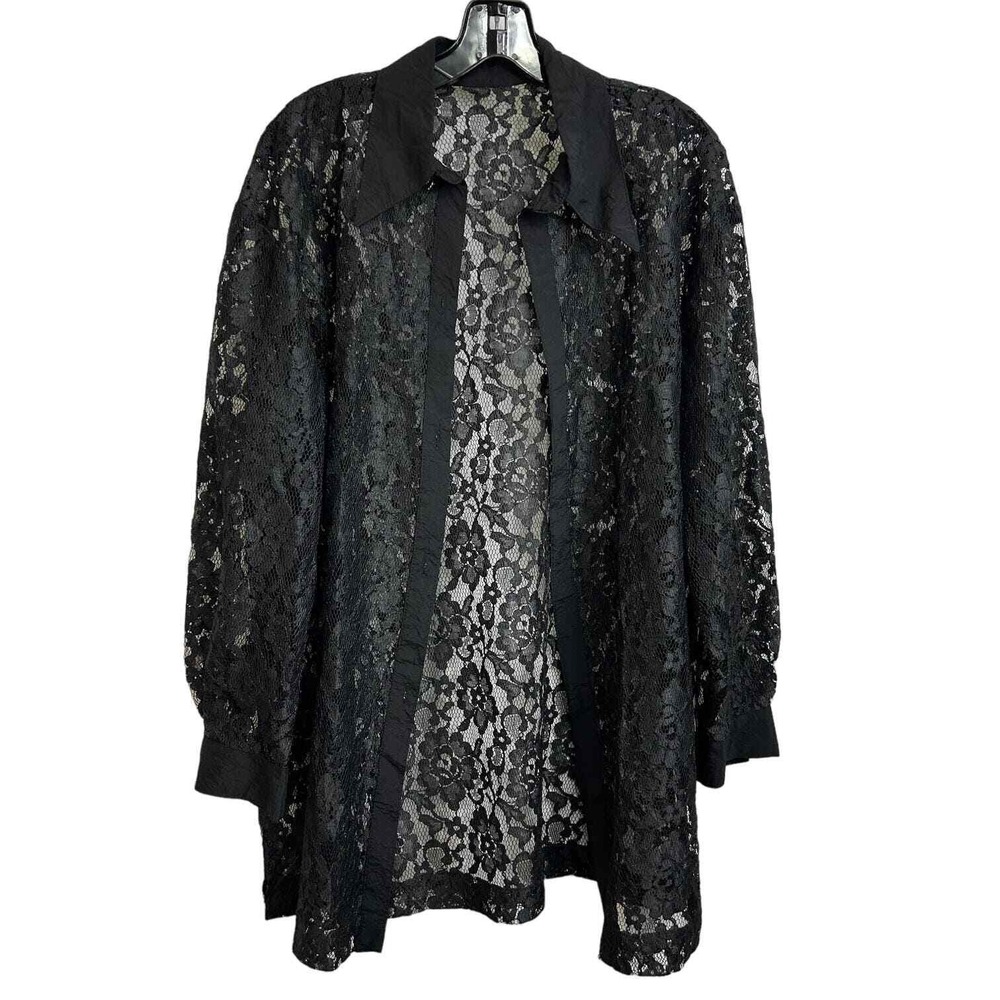 Vintage Lace Button Down Shirt Women XL Black Good Sheer Floral Long Sleeve